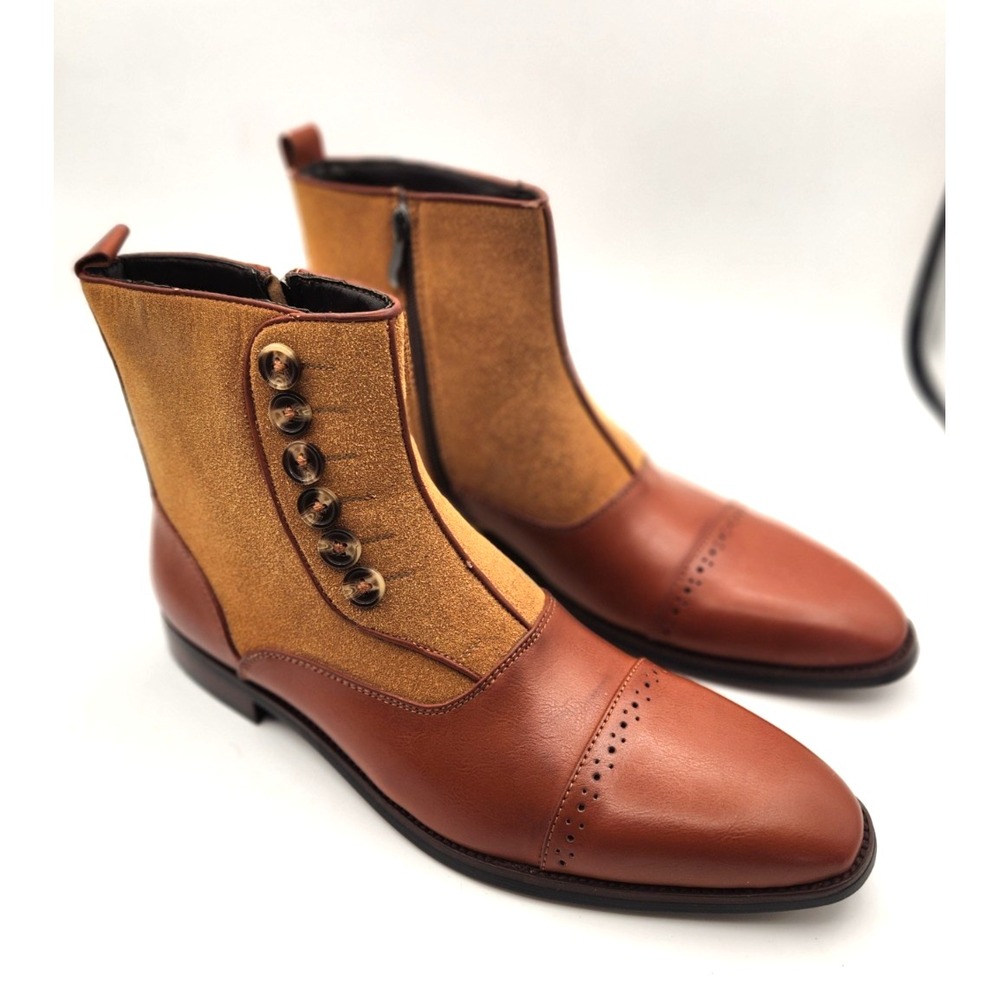 Natbee Men's 8 Two Tone Leather Button Boots 1920s Style zip Leather Suede New